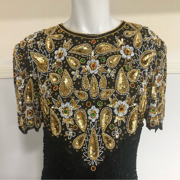 Vintage 80s Laurence Kazar Beaded Maxi Dress 8 - Picture 4 of 11